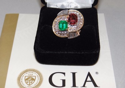 Certified Colombian Emerald, Ruby Diamond Platinum and Gold Ring