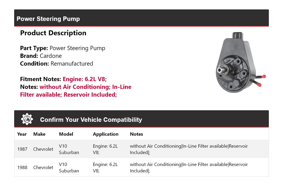 Bomba de dirección asistida Cardone para Chevrolet V10 Suburban 1987-1988 6,2 L V8 Foto 2 de 4