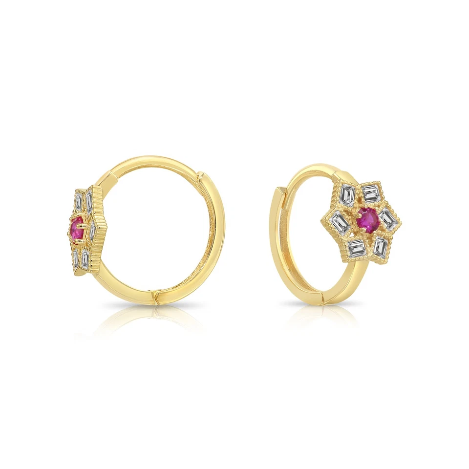 14K Solid Yellow Gold Dainty Ruby CZ Flower Huggie Hoop Earrings Small 12.5MM - Image 4 of 4