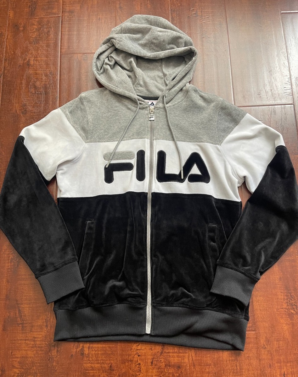 Fila Women Velvet Jacket Outerwear Hoodie Logo Front Black Grey