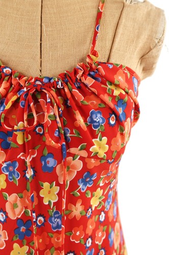 Vintage 90s Sleeveless Empire Waist Poly Crepe Red Floral Summer Grunge Dress M - Picture 4 of 7