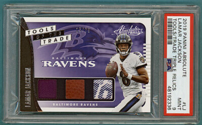 2019 Panini Absolute Triple Relics Lamar Jackson Game Used Jersey #LJ PSA 9 POP1