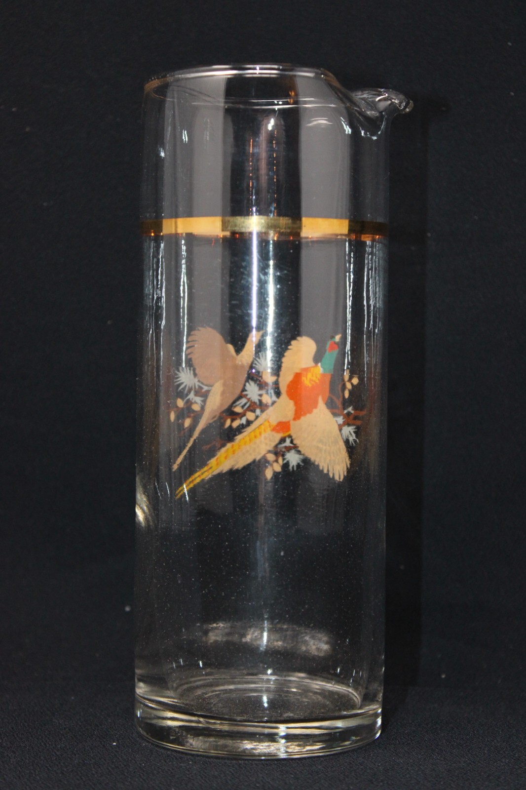 VINTAGE Tall Glass Cocktail Martini Pitcher Pheasants, Gold Band 7 3/4" Tall EUC