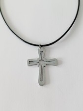 Silver Tone Open Cross Charm Pendant on Black Cord Necklace