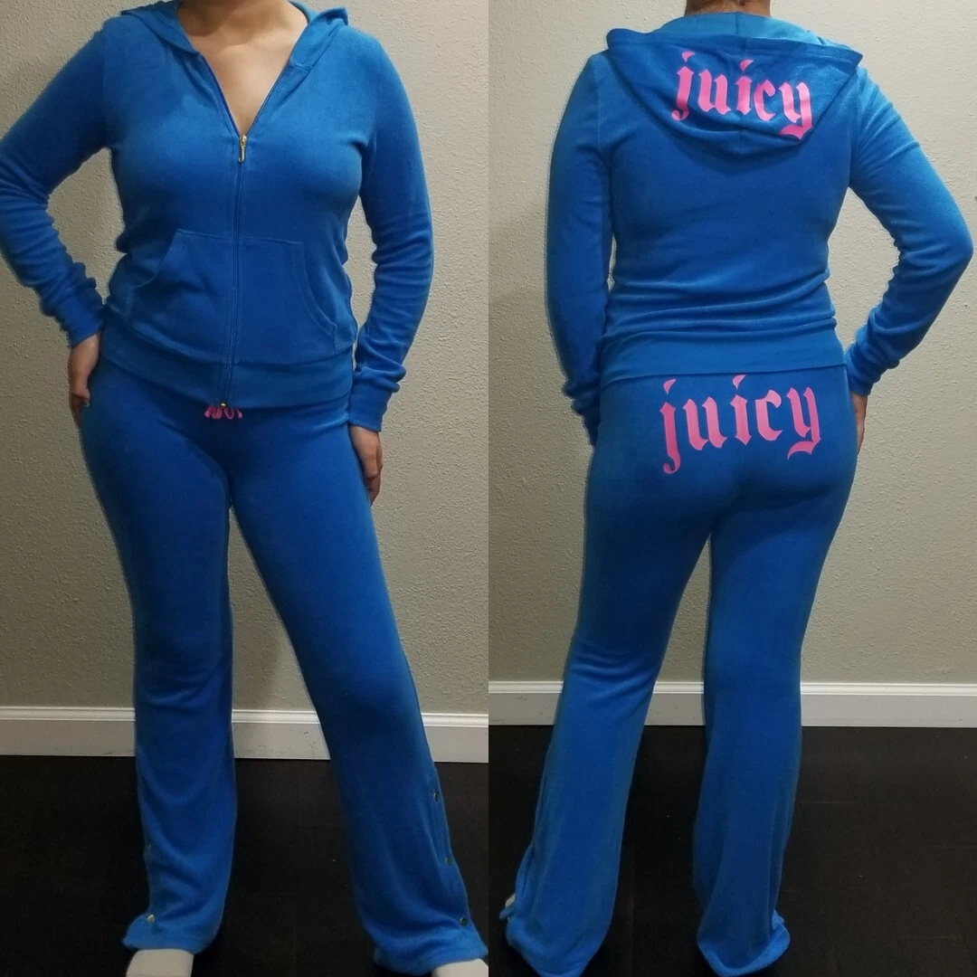 Juicy Couture Rare Y2K Vtg Velour Tracksuit Set Pants L Hoodie XL (2 Pc)  Blue