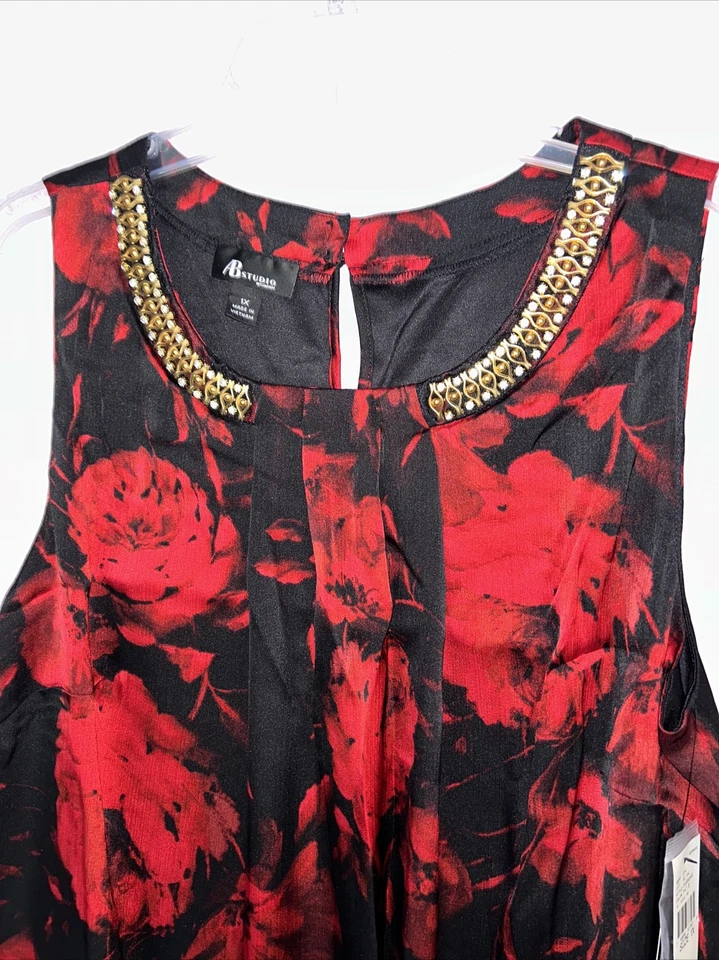 AB Studio Woman Size 1X Blouse Shirt Floral Red Black Christmas Jewelry Neck - Image 2 of 4