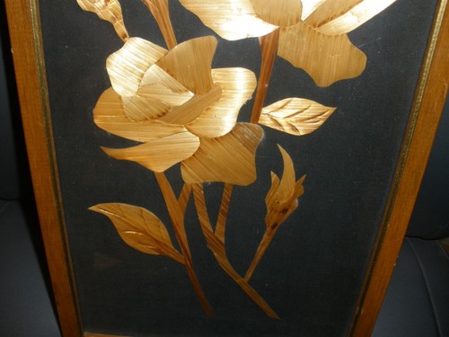 Framed Bamboo Straw Art Picture Flowers 18"x10" Beautiful piece - Photo 3/4