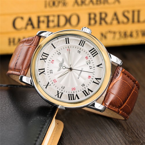 WINNER Men's Mechanical Automatic Wristwatch Date Dial Brown Leather Watches - Picture 7 of 10