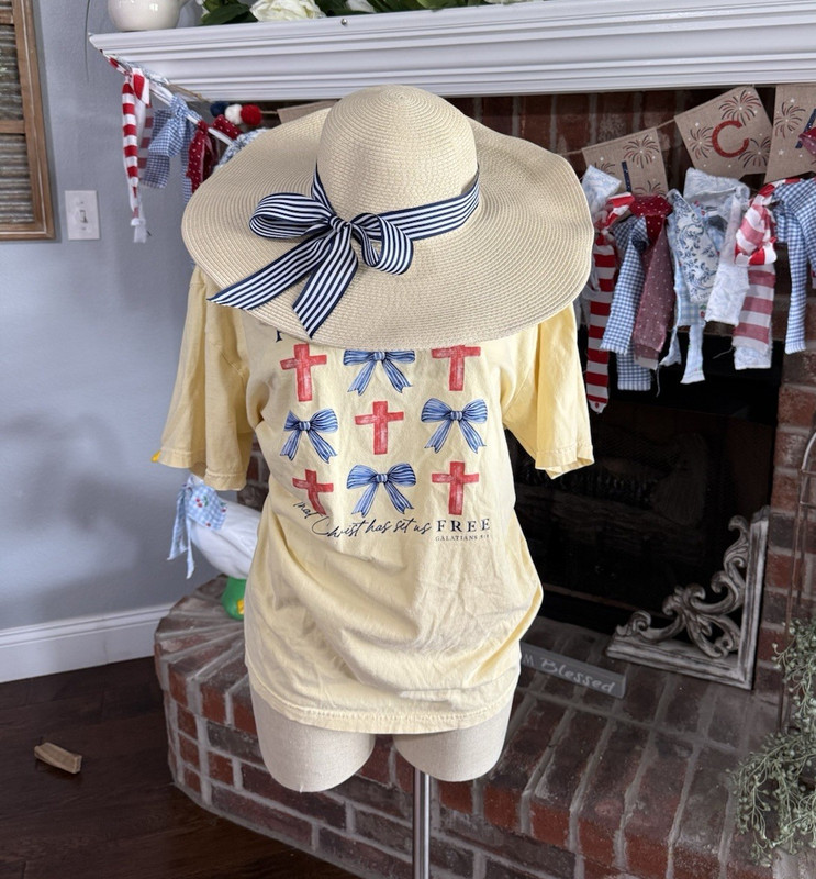Women’s Wide Brim Straw Sun Hat Beige with Navy Blue/White Striped Bow, One Size