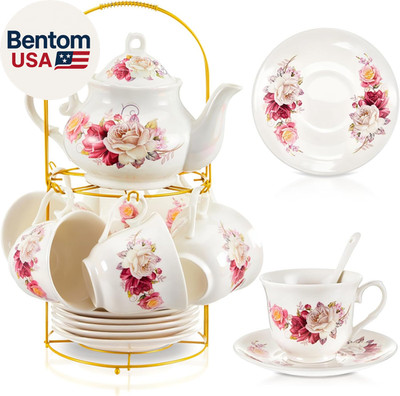 Porcelain Tea Set with Metal Holder and Spoon Adult Ceramic Tea Set European Flo