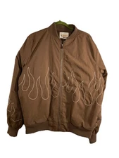 EPTM Flame Stitch Embroidered Brown Bomber Jacket Sz M Vintage-Style Streetwear