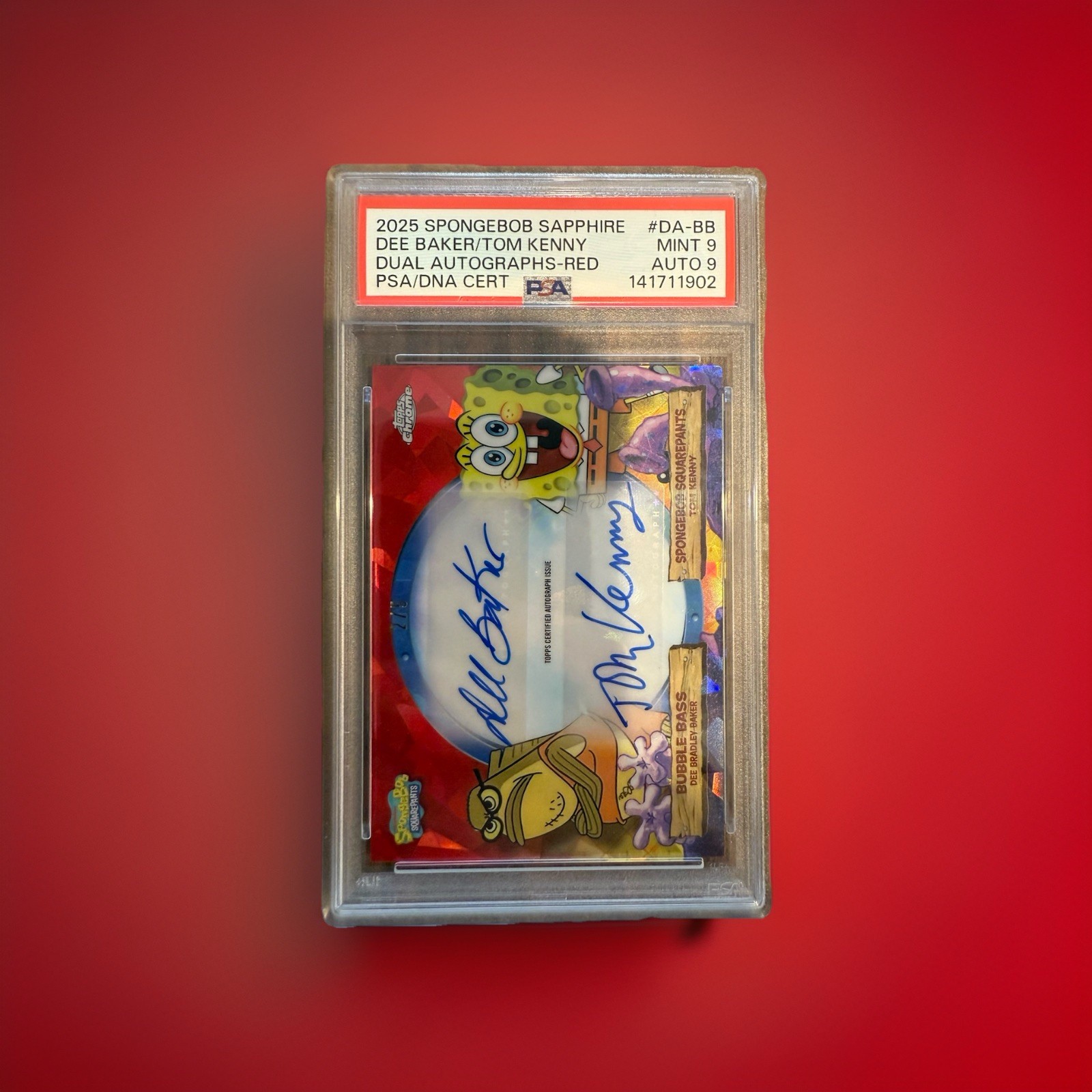 SpongeBob 25th AnniversaryTopps Dual Auto /5 Sapphire Sponge/bubble Bass PSA 9