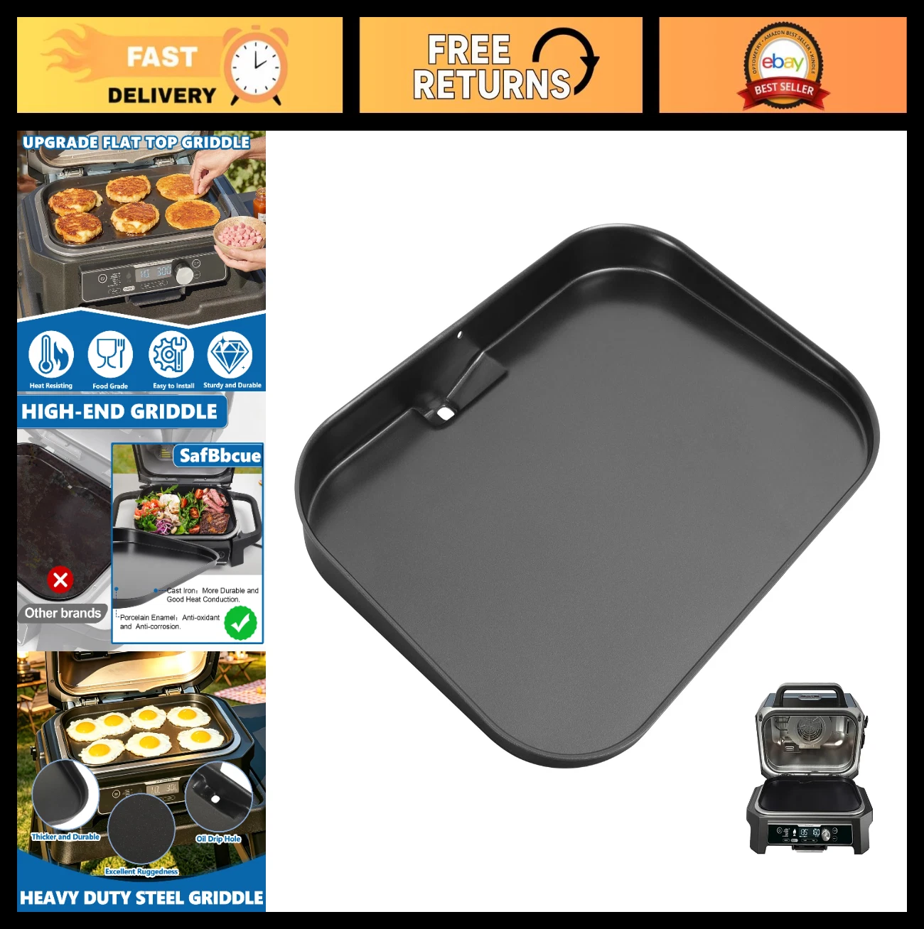 Non-Stick Flat Top Griddle Plate for Ninja Woodfire Grill XL & OG Series Accesso