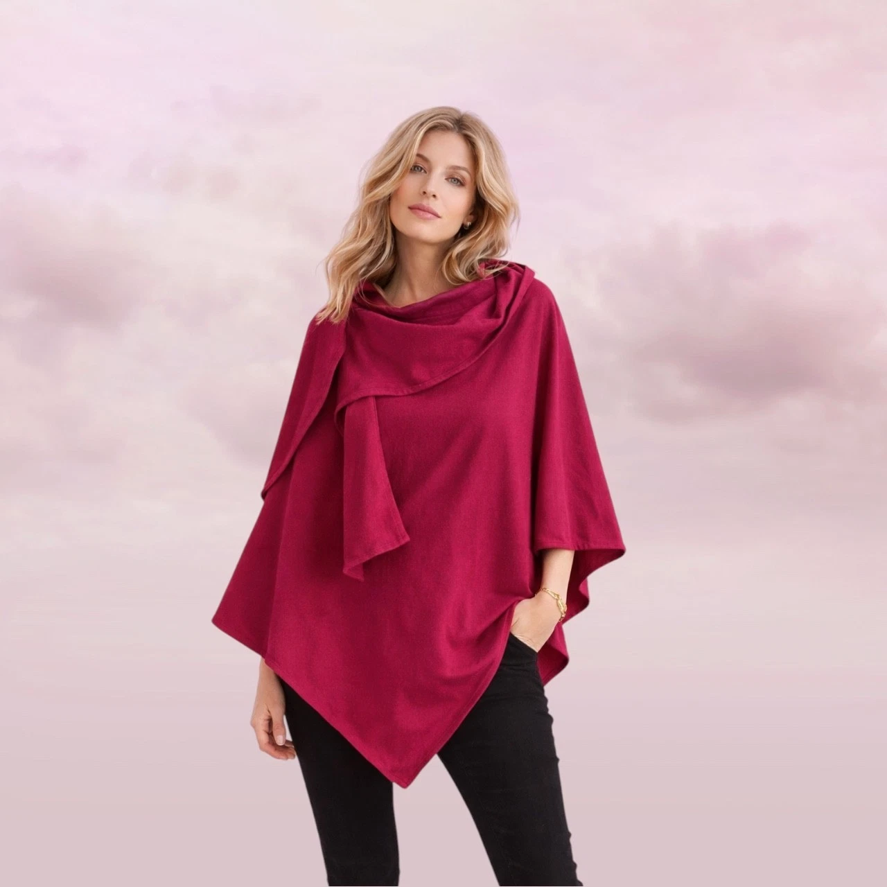 Dafiné red Cape Poncho | Draped Collar Statement | OS