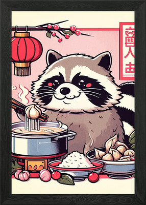 Niedlicher Waschbär genießt Hot Pot gerahmtes Wandbild Poster Leinwanddruck Bild
