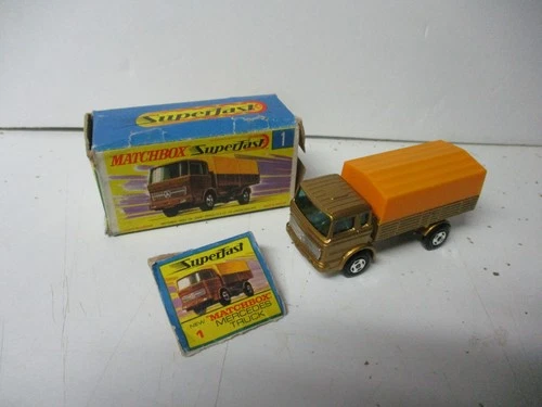 Matchbox Lesney Superfast SF1 Mercedes Truck- gold, orange-yellow cap, poor box