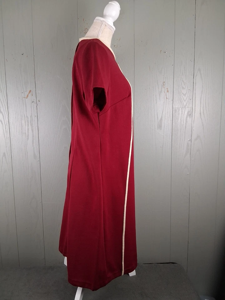 Vintage 60s Polyester Red Dress Below Knee Embroidered MOD Short Sleeve Party - Image 4 of 4