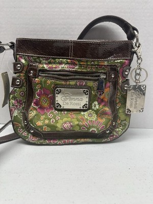 Genna De Rossi Floral Print Dona Crossbody Purse Green Brown 10''x9''x2''