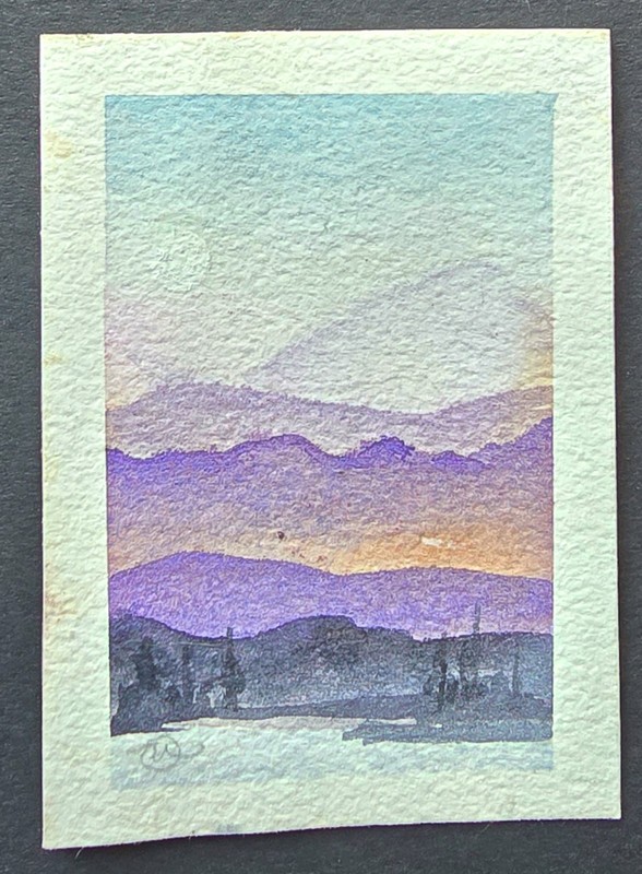 ACEO Original Watercolor Mountain Landscape - "Early Mountain Moonrise" signed
