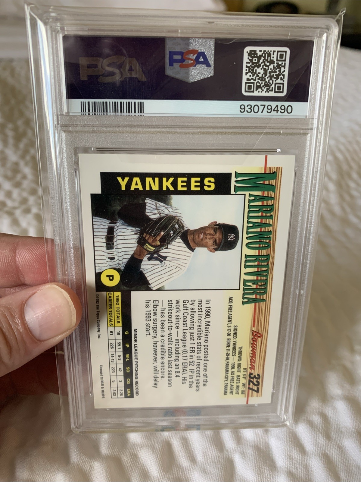 1993 Bowman Mariano Rivera Yankees PSA 9 view 2