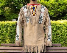 Men Native American Western Vintage Suede Leather Fringes  Beads Work War Shirt