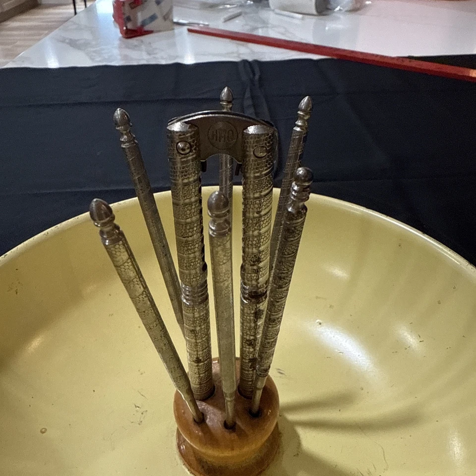 Vintage H.M Quackenbush Inc Metal Nutracker Bowl Wood Center Utensils Holder - Image 2 of 4