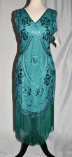 NWT UNIQUE VINTAGE 1920’S SLEEVELESS FLAPPER DRESS SIZE MEDIUM TEAL FRINGE