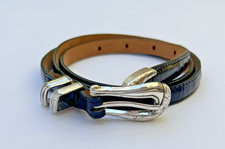 Vintage Brighton Black Leather Croc Embossed Western Belt Silvertone Size L 34