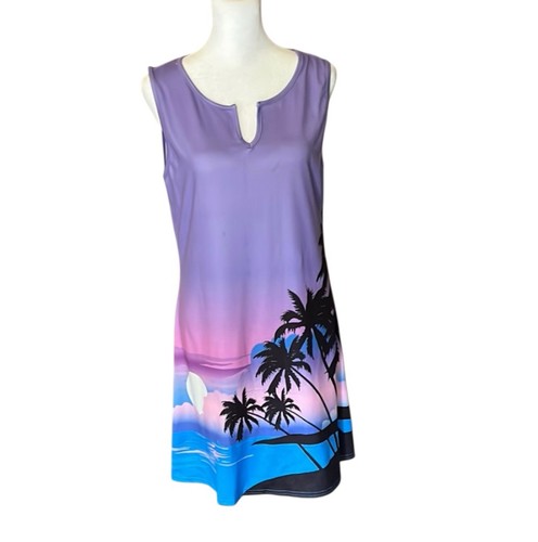 Women's Purple Sunset Print Palm Tree Design Sleeveless Boutique Dress Size M