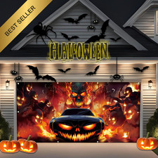 Halloween Fiery Skull Car Garage Door Cover 16x7 Ft Banner Mural Outdoor Decor