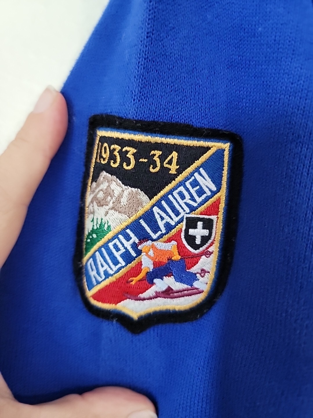 Felpa vintage Ralph Lauren Big Pony manica sci pattuglia patch uomo blu medio