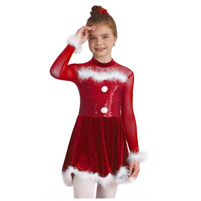 Girl Sequin Christmas Dress Long Sleeve Ballet Dance Figure