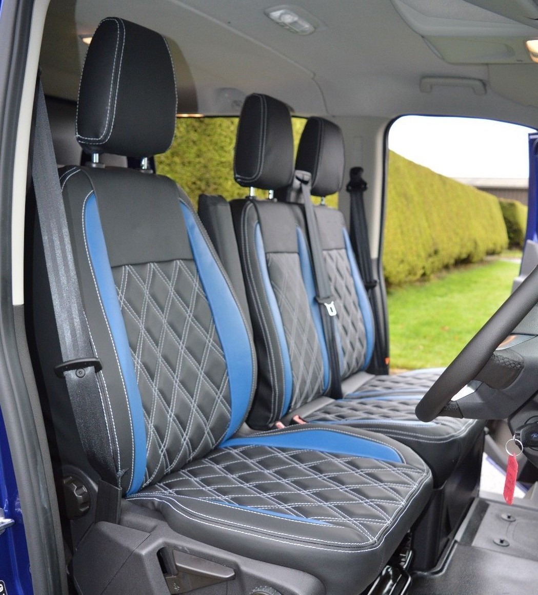 Front Seat Cover 2+1 Designed To Fit Ford Transit Custom For 2015 Large Cabin Blue Center Eco Leather Right Hand Driving