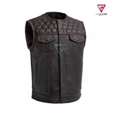 Men Black Leather Motorcycle Vest Red Paisley Inner/Stitch Bike Rider Waistcoat