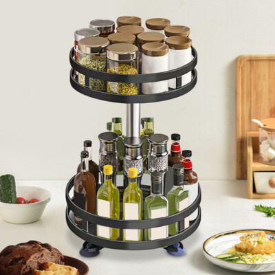 2 Tier Lazy Susan Spice Rack Metal Rotate Height Adjustable Seasoning ...