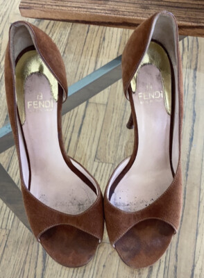 Vintage Fendi Brown Suede Pumps Size EU 36 US Wood Peeptoe Heels  Sandals