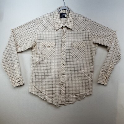 Vtg Wrangler Shirt Men's Size Large Tan/Brown Plaid Pearl Snap Long Sleeve *Flaw