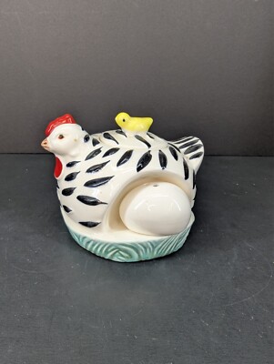 Vintage White and Black Chicken on Nest Sugar Bowl with Egg Salt & Pepper Set
