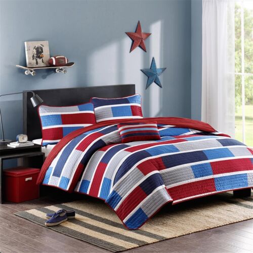 Синий красный серый блоки двойной или полный королева одеяло