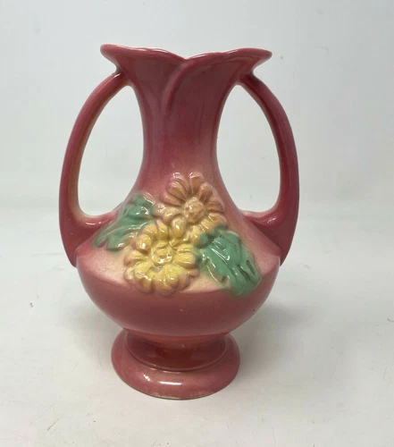 Hull Pottery Sunglow Double-Handle Vase 6" Pink Yellow Daisies Gloss MCM USA