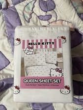 Hello Kitty Face With Red Bows Sanrio 4 QUEEN Bed sheet set 100 Cotton NEW 2024