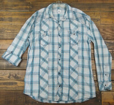 BKE Buckle Plaid Pearl Snap Roll Up Long Sleeve Western Shirt Size 2XL Slim