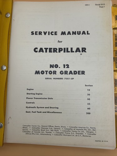 CAT Caterpillar NO.12 Motor Grader Factory OEM Service Shop Manual Series 73G1 - Picture 2 of 11