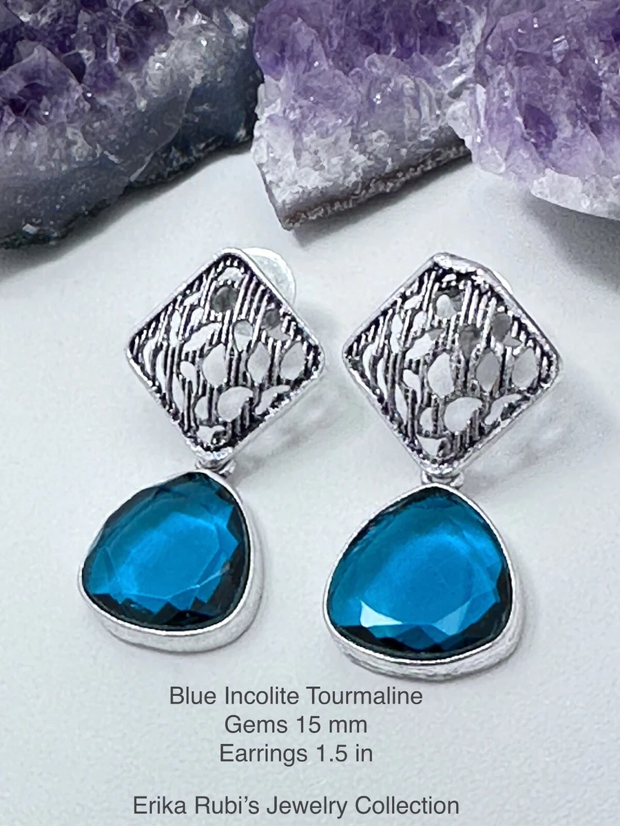 Blue Incolite Tourmaline Lab Created Gems Sterling Silver Earrings