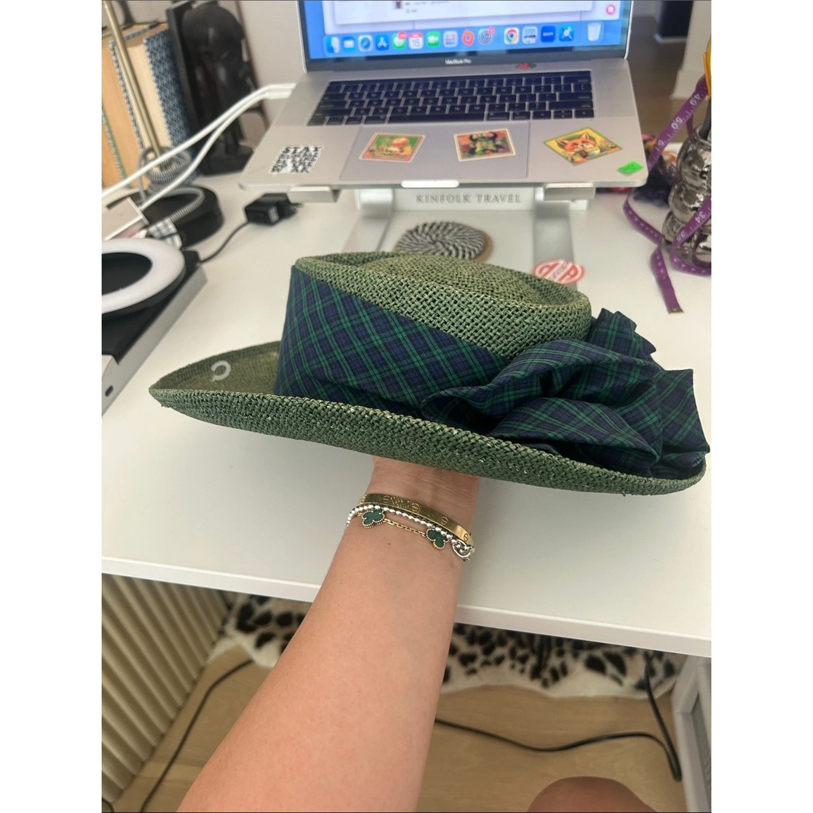 VTG Green Straw Hat with Navy Plaid band bow