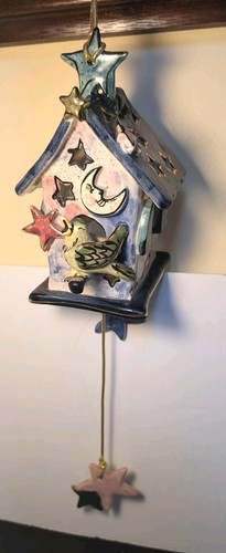 2002 Blue Sky Bird House Hanging Tea Light Luminary Moon Stars Heather Goldminc