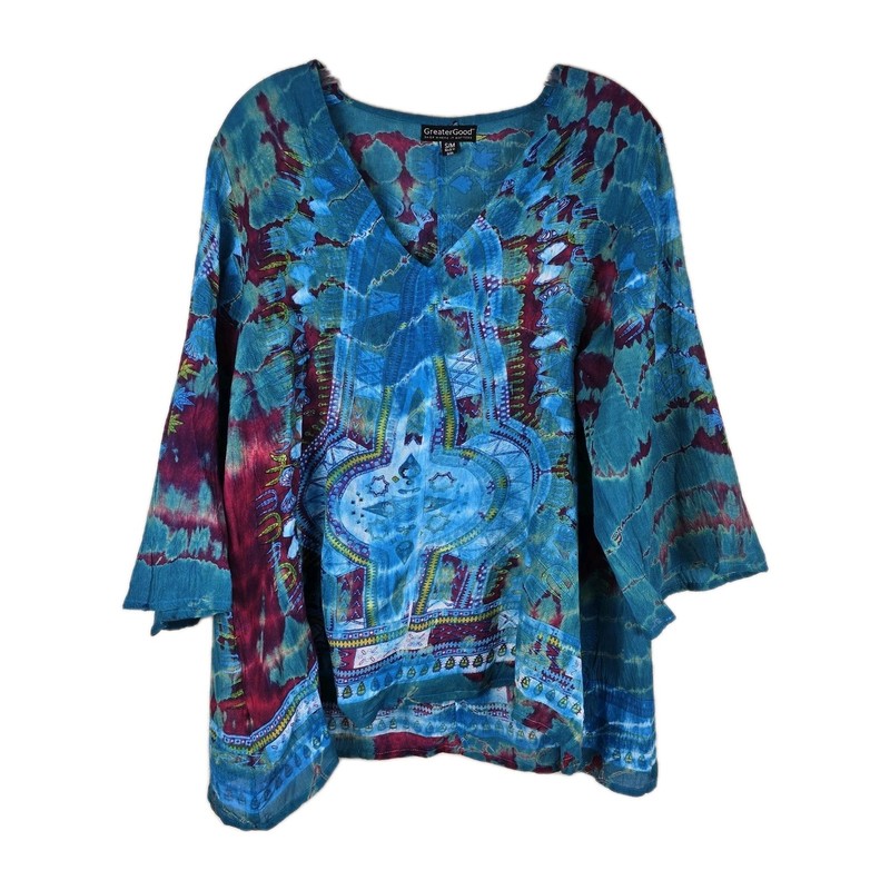 GreaterGood Boho Tie Dye Dashiki Blouse Tunic S/M Blue Pink 100% Viscose India