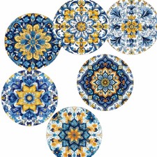 Blue Yellow Floral Mandala Coasters Set of 6 Wooden Drinks Mats