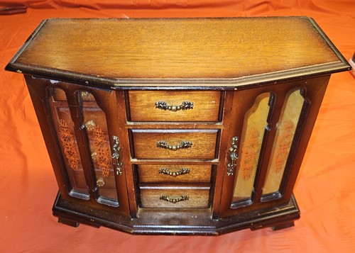 Vintage Wooden Jewelry Armoire  Dresser Style Drawers & Glass Doors 80's G.U.C.