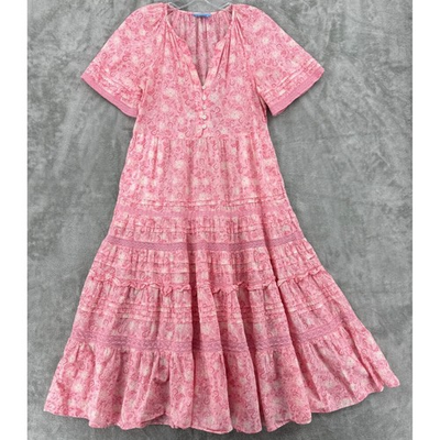 #ad Draper James Dress XS Carlene Paisley Tiered Lace Cottage Feminine Bohemian Pink $32.49